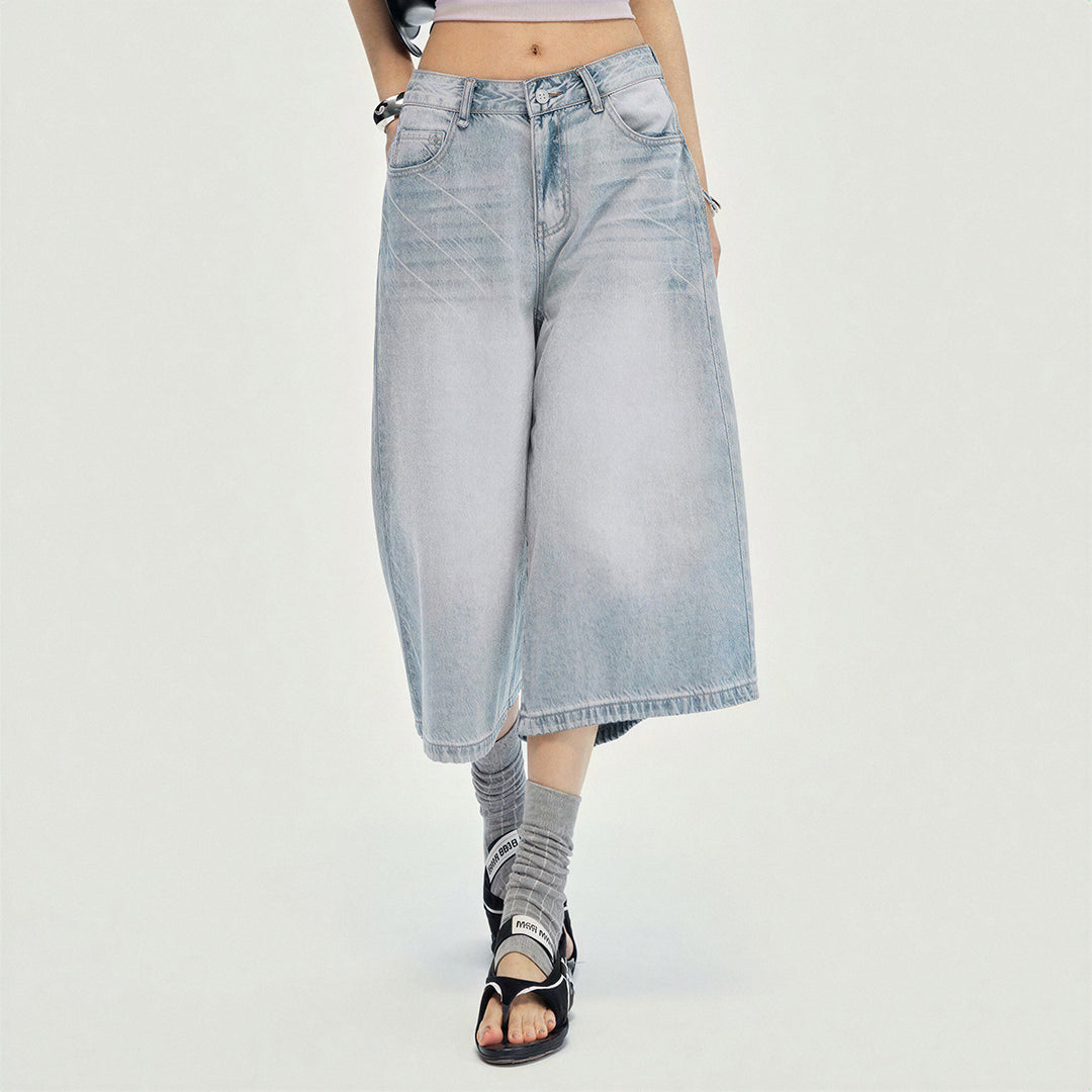 Women's Summer Gradient Washed Wide-Leg Denim Capri Pants