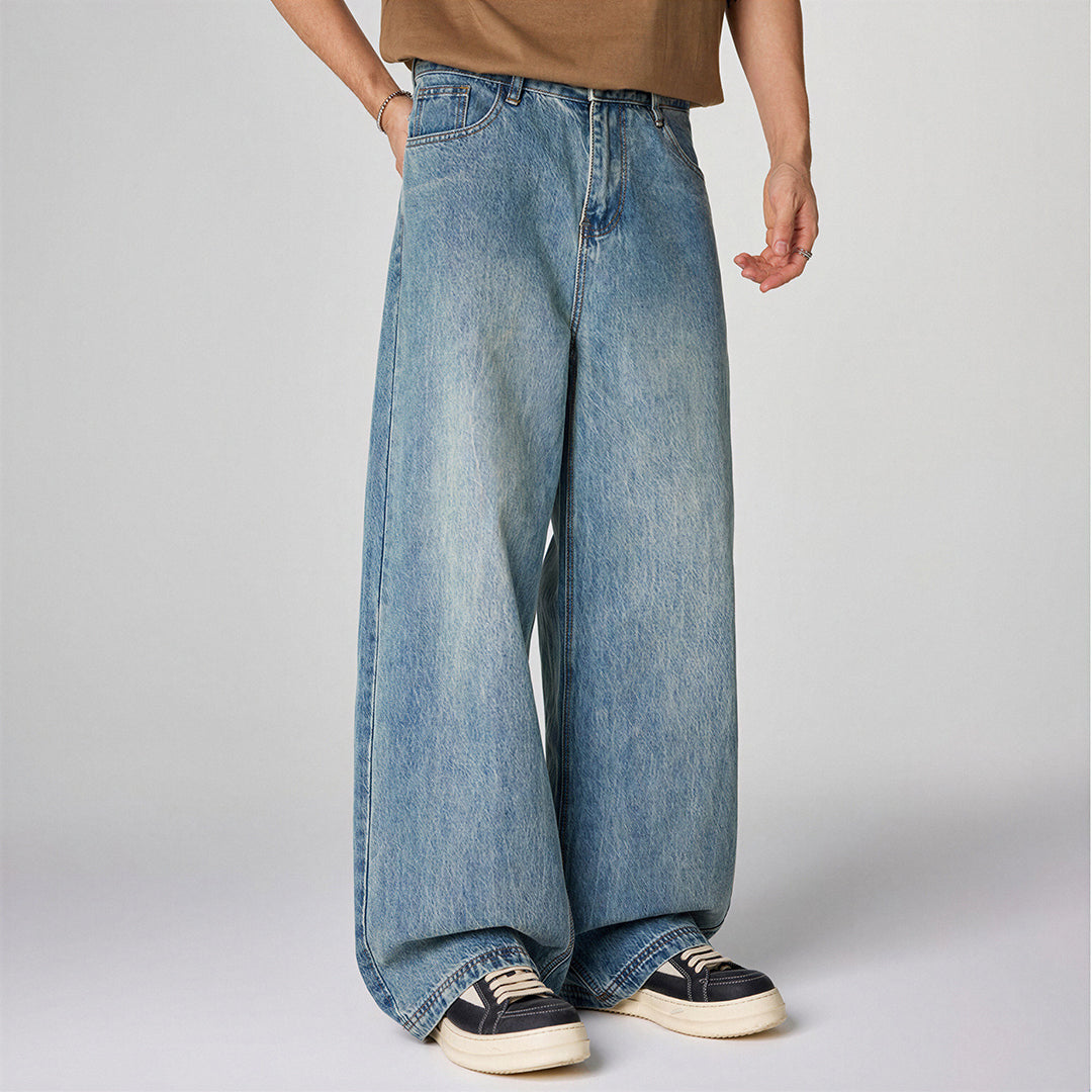 Men's Spring Light Blue Vintage Washed Wide-Leg Denim Jeans