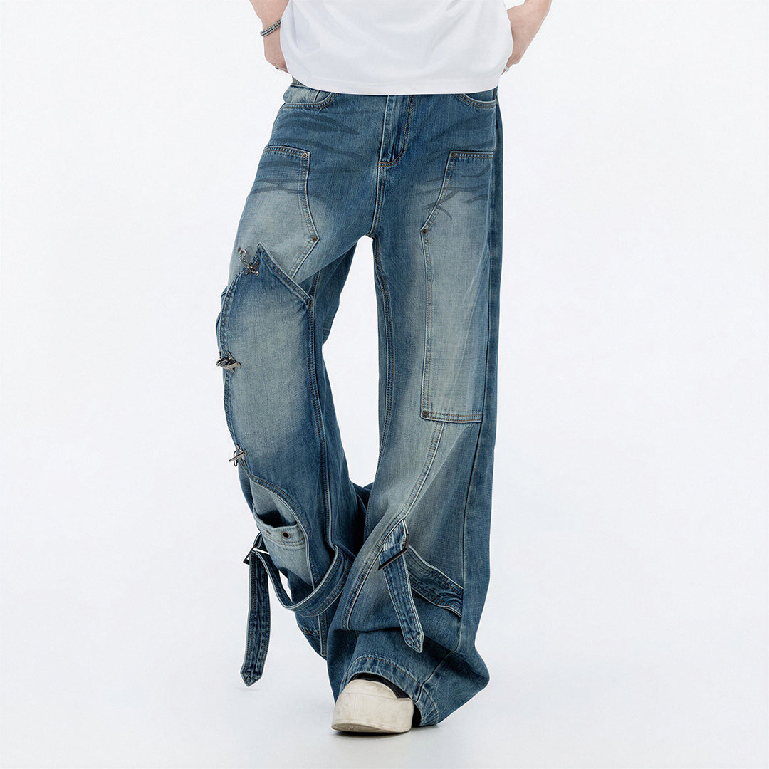 Men's Spring Deconstructed Metal Buckle Cargo Denim Jeans
