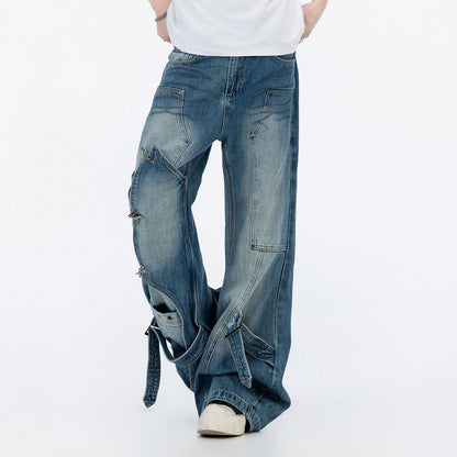Men's Spring Deconstructed Metal Buckle Cargo Denim Jeans