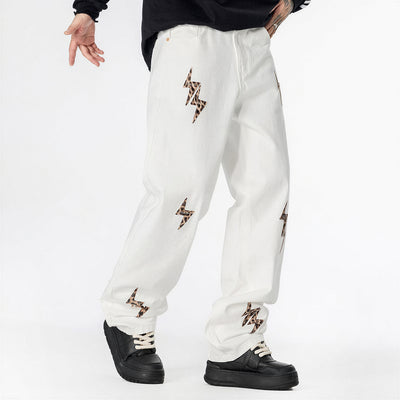 Men's Spring White Leopard Lightning Embroidery Jeans