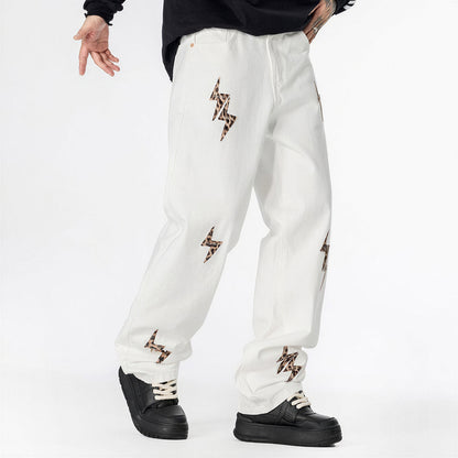 Men's Spring White Leopard Lightning Embroidery Jeans