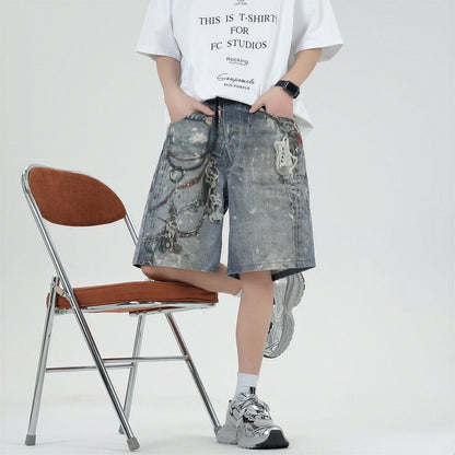 Men's Summer Vintage Washed Chain Print Baggy Denim Shorts