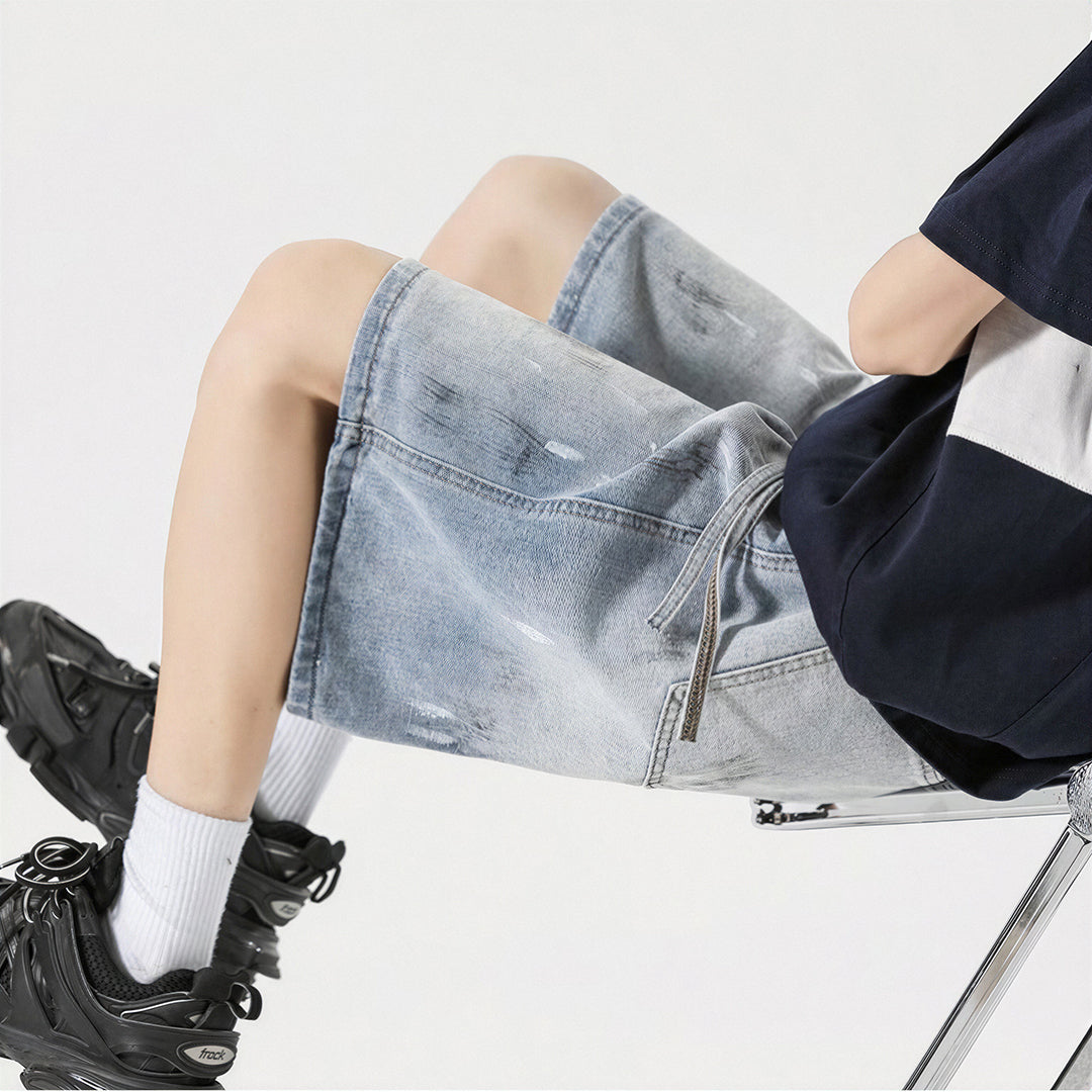 Men's Summer Light Wash Splash Ink Drawstring Denim Shorts