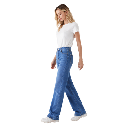 Women's Classic Blue Wash Relaxed High Waist Straight Jeans