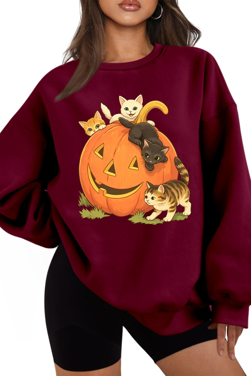 Women Fall Halloween Cat Pumpkin Oversized Sweatshirt