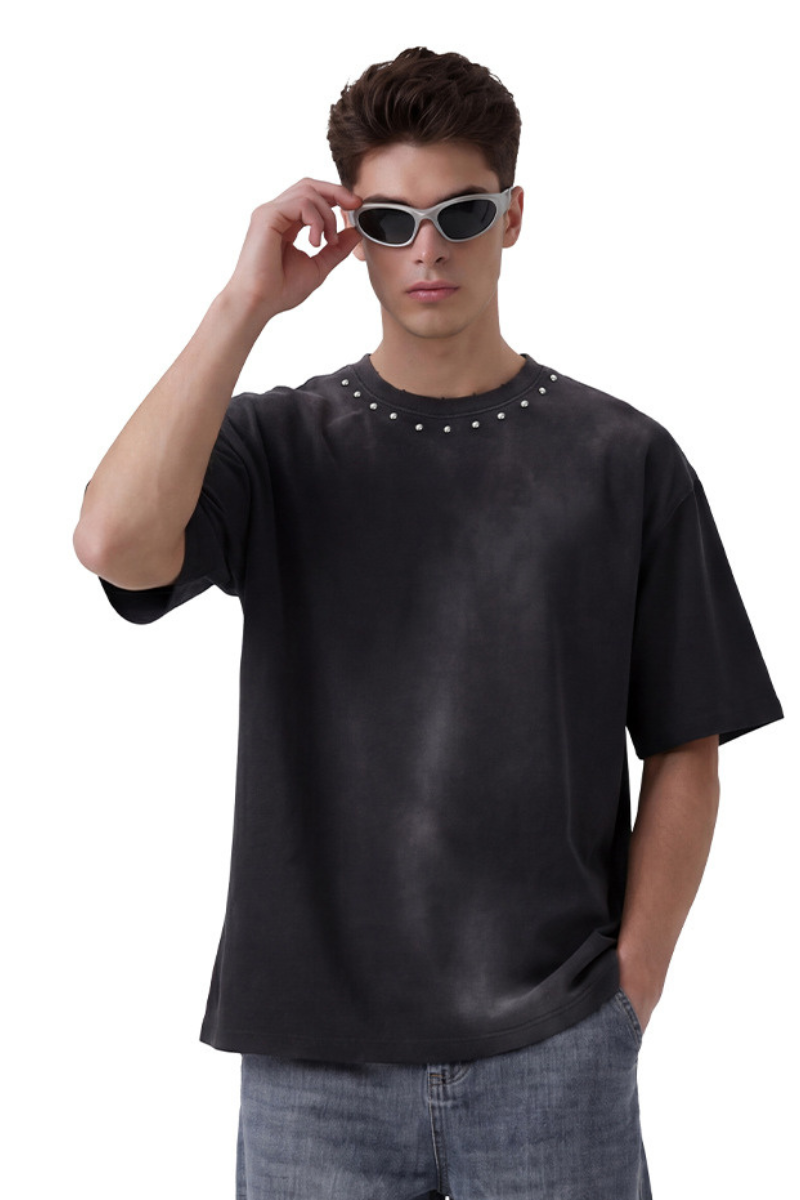 Men's Summer 260g Retro Washed Rivet Distressed Fade Tee