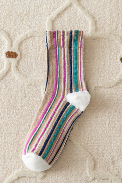 Women Fall Vintage Colorful Striped Stretch Mid Calf Socks