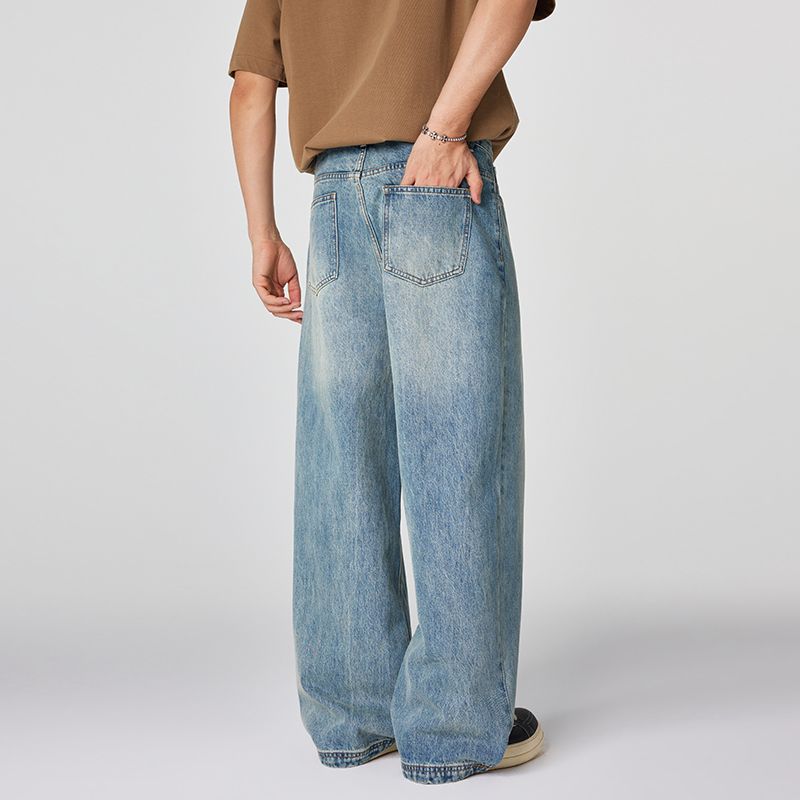 Men's Spring Light Blue Vintage Washed Wide-Leg Denim Jeans