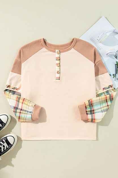 Women Fall Clothing Plus Size Plaid Sleeve Henley Top