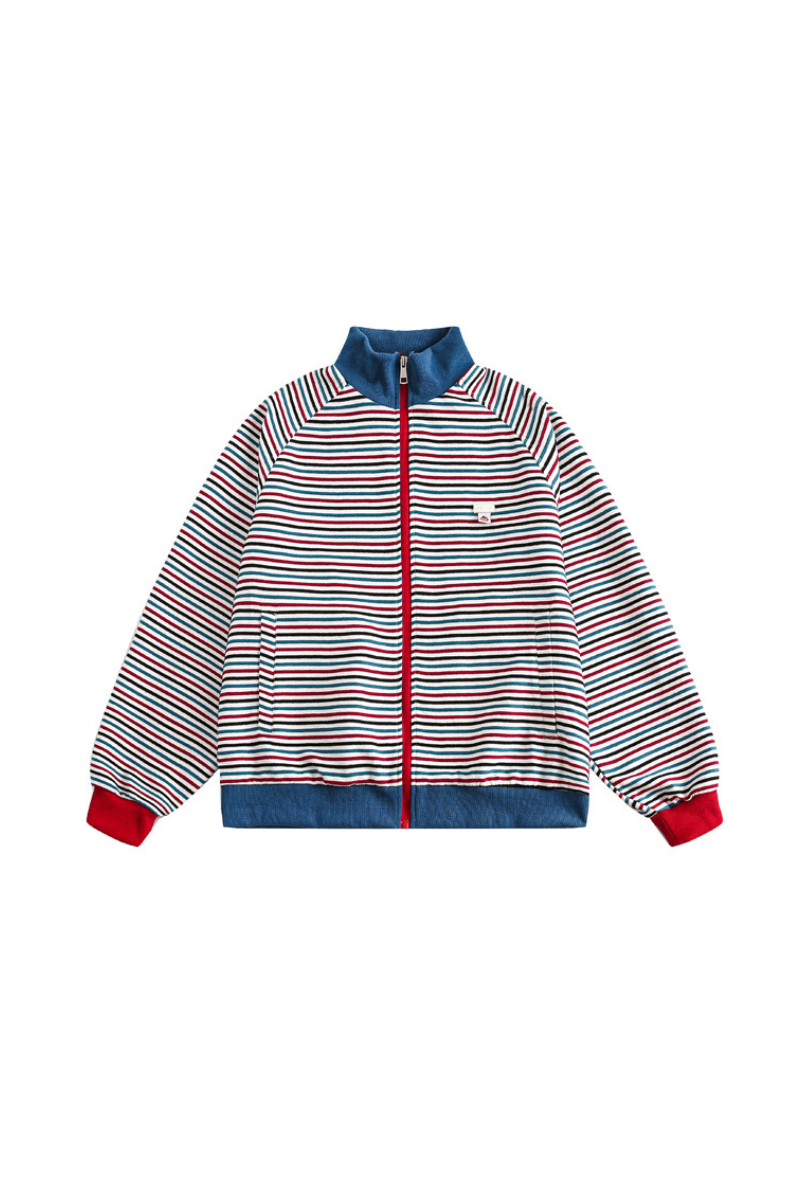 Women Fall Colorful Stripe Stand Collar Zip Up Jacket