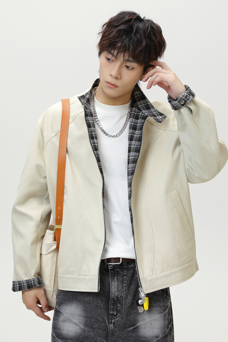 Men's Fall Plaid Harrington Patchwork Stand Collar Boxy
