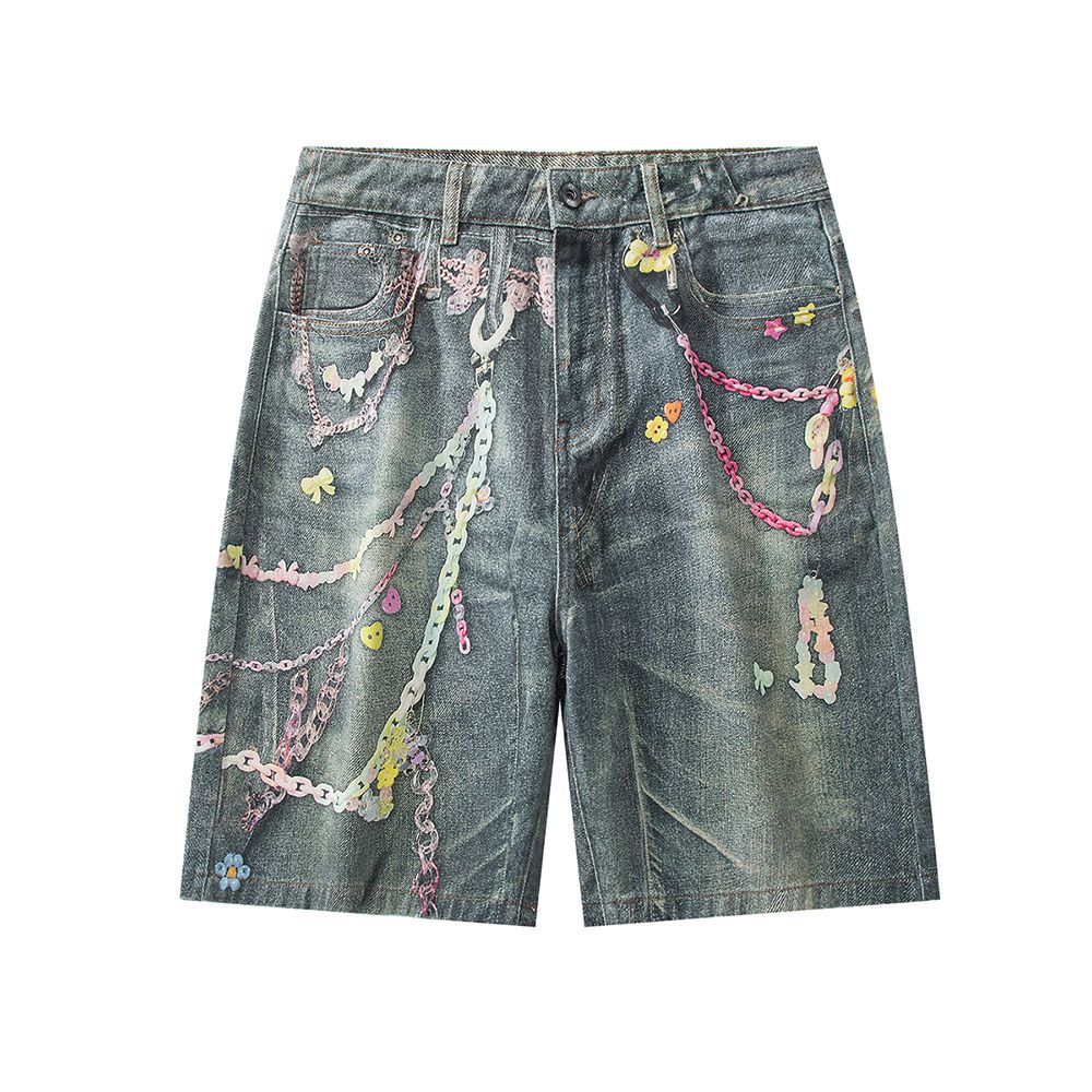 Men's Summer Vintage Washed Graffiti Print Denim Shorts