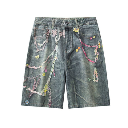 Men's Summer Vintage Washed Graffiti Print Denim Shorts
