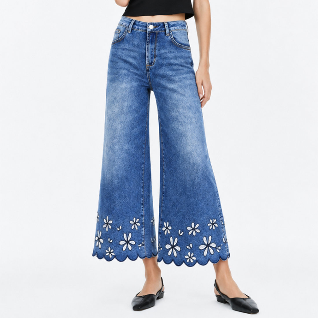 Women's High Waist Floral Embroidered Wide Leg Jeans