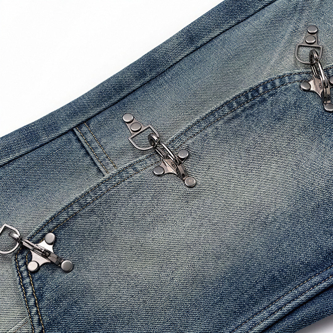 Men's Spring Deconstructed Metal Buckle Cargo Denim Jeans