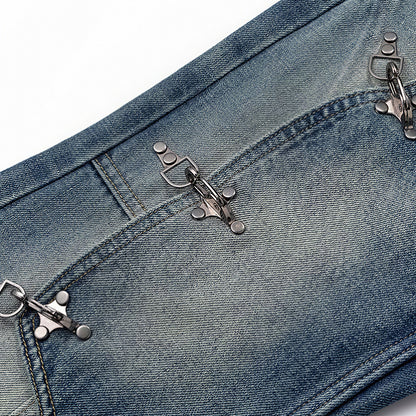 Men's Spring Deconstructed Metal Buckle Cargo Denim Jeans
