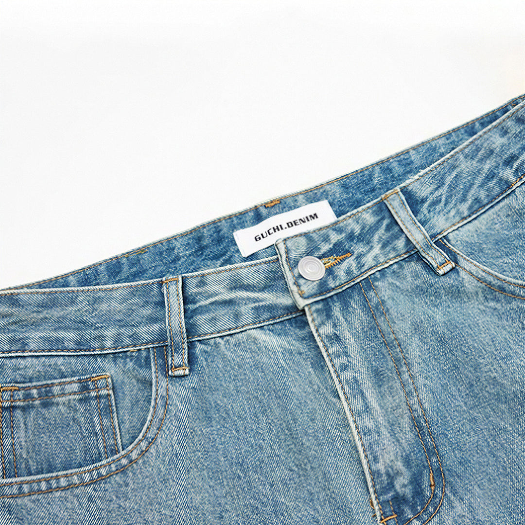 Men's Spring Light Blue Vintage Washed Wide-Leg Denim Jeans