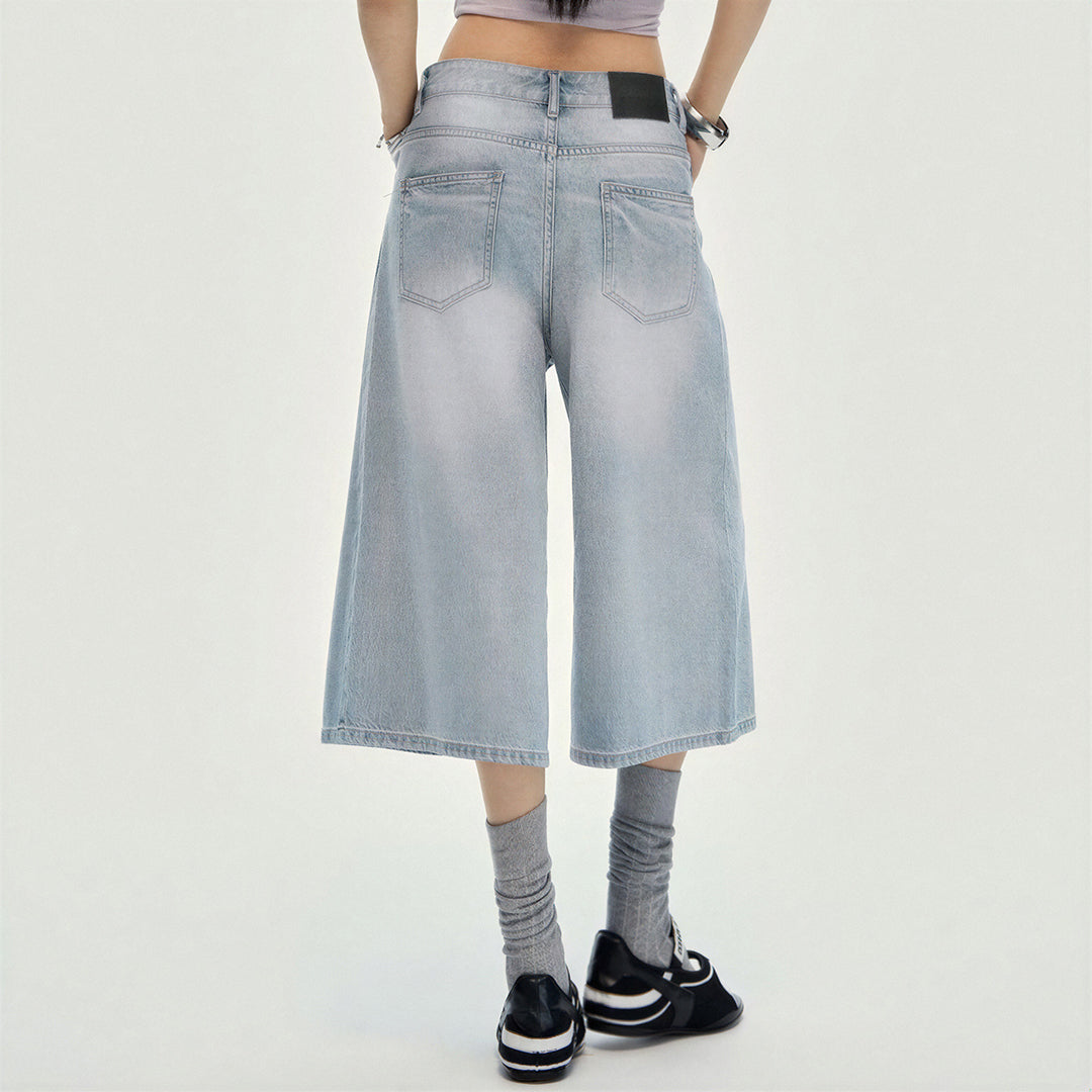 Women's Summer Gradient Washed Wide-Leg Denim Capri Pants