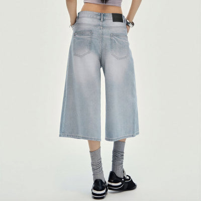 Women's Summer Gradient Washed Wide-Leg Denim Capri Pants
