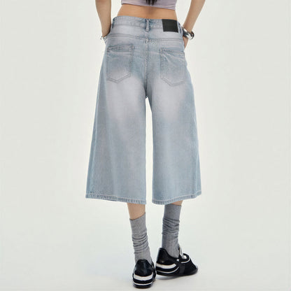 Women's Summer Gradient Washed Wide-Leg Denim Capri Pants