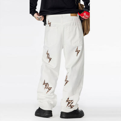 Men's Spring White Leopard Lightning Embroidery Jeans