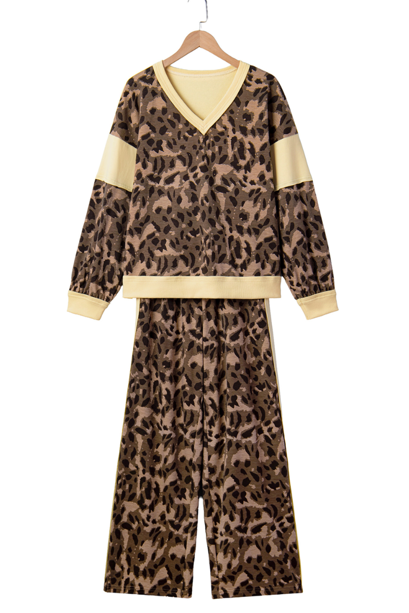 Women Fall Clothing Casual Leopard Color Block 2 Piece Set