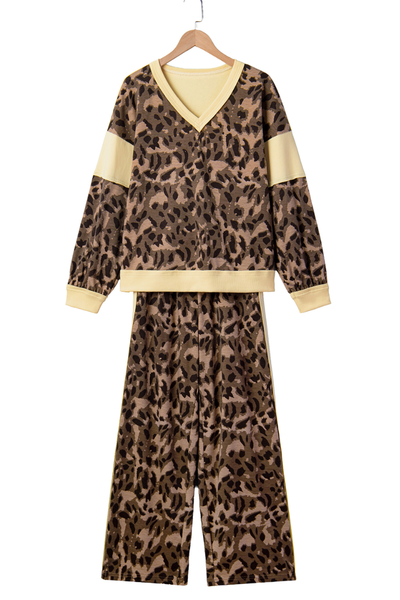 Women Fall Clothing Casual Leopard Color Block 2 Piece Set