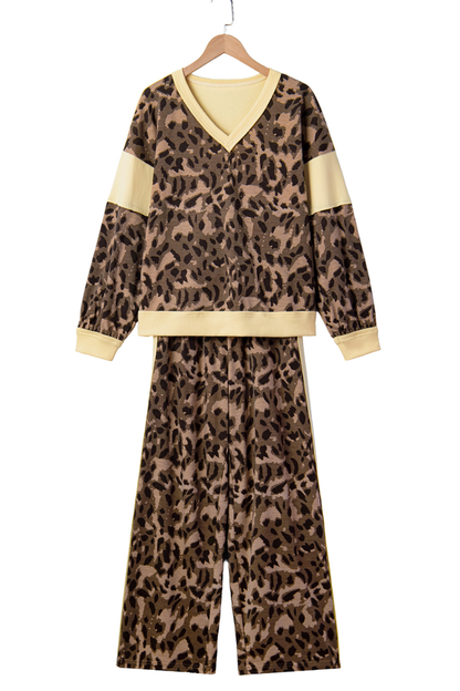 Women Fall Clothing Casual Leopard Color Block 2 Piece Set