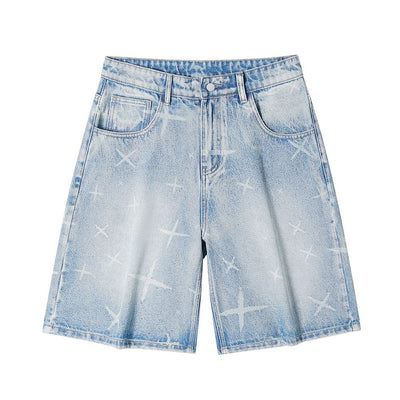 Men's Summer Cross Print Washed Baggy Denim Shorts