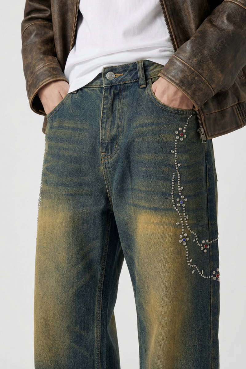 Men's Chain Rhinestone Washed Blue Yellow Fade Wide Jeans