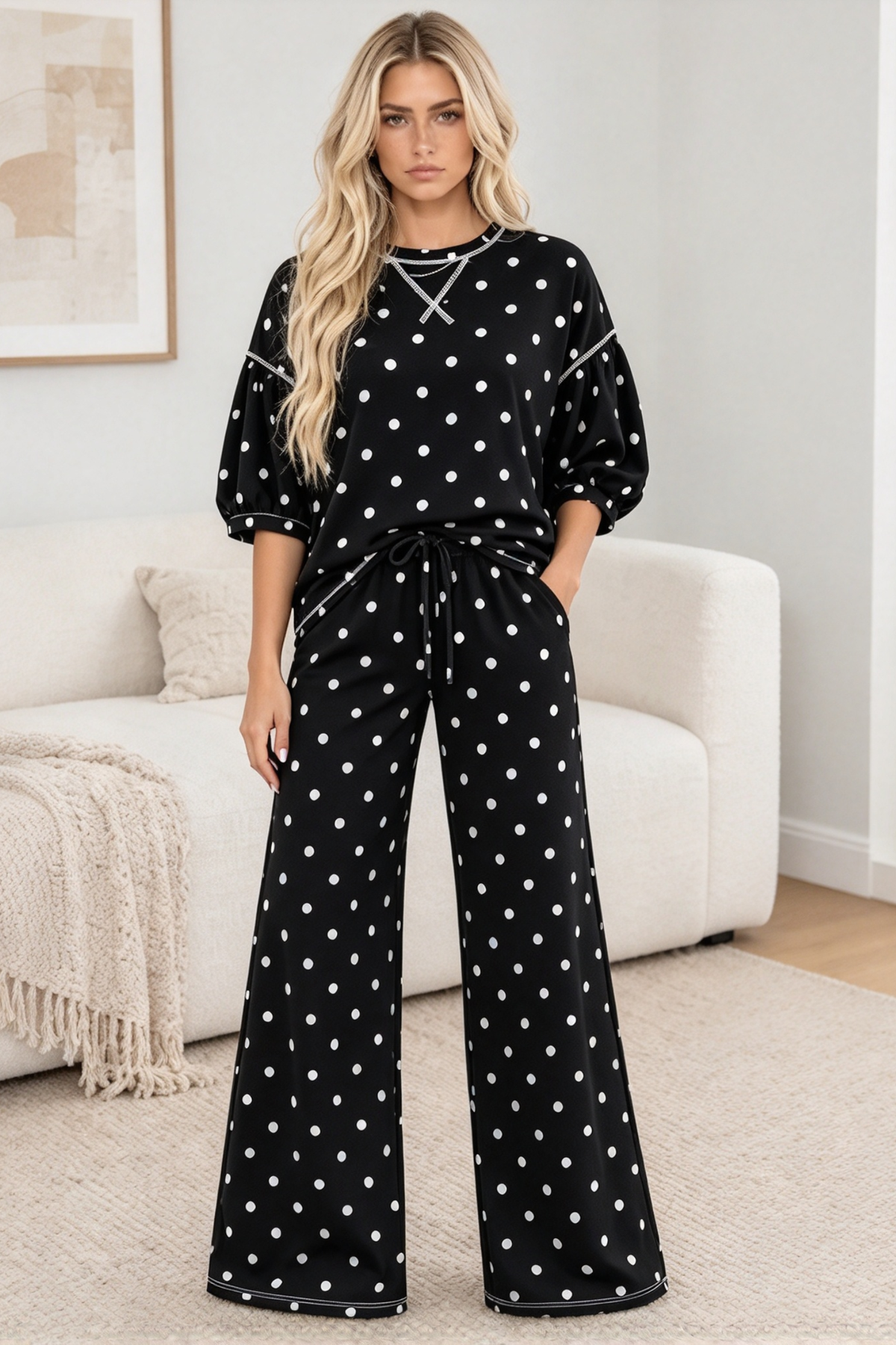 Women's Summer Polka Dot Print Midi Sleeve 2 Piece Set