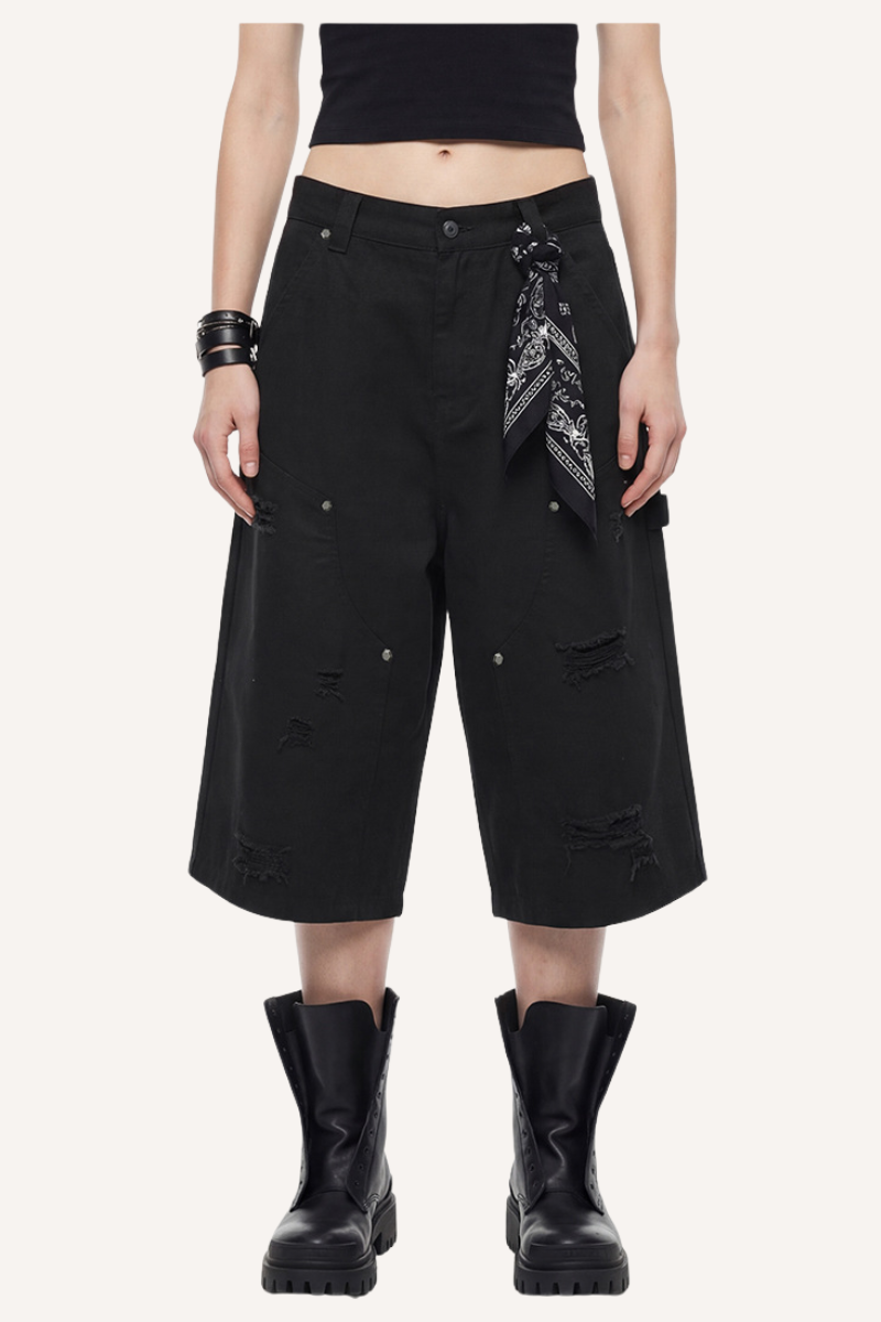Men's Summer Retro Cargo Ripped Loose 7/8 Washed Shorts