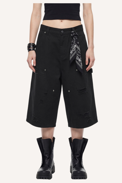 Men's Summer Retro Cargo Ripped Loose 7/8 Washed Shorts