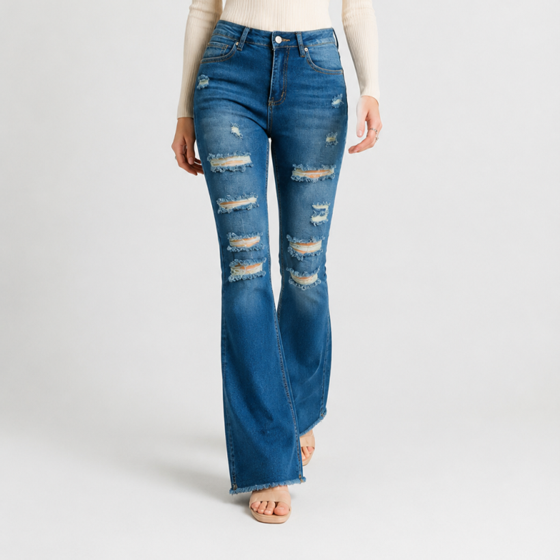 Women's Distressed Ripped Frayed Hem Stretch Flare Jeans