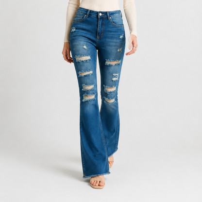 Women's Distressed Ripped Frayed Hem Stretch Flare Jeans