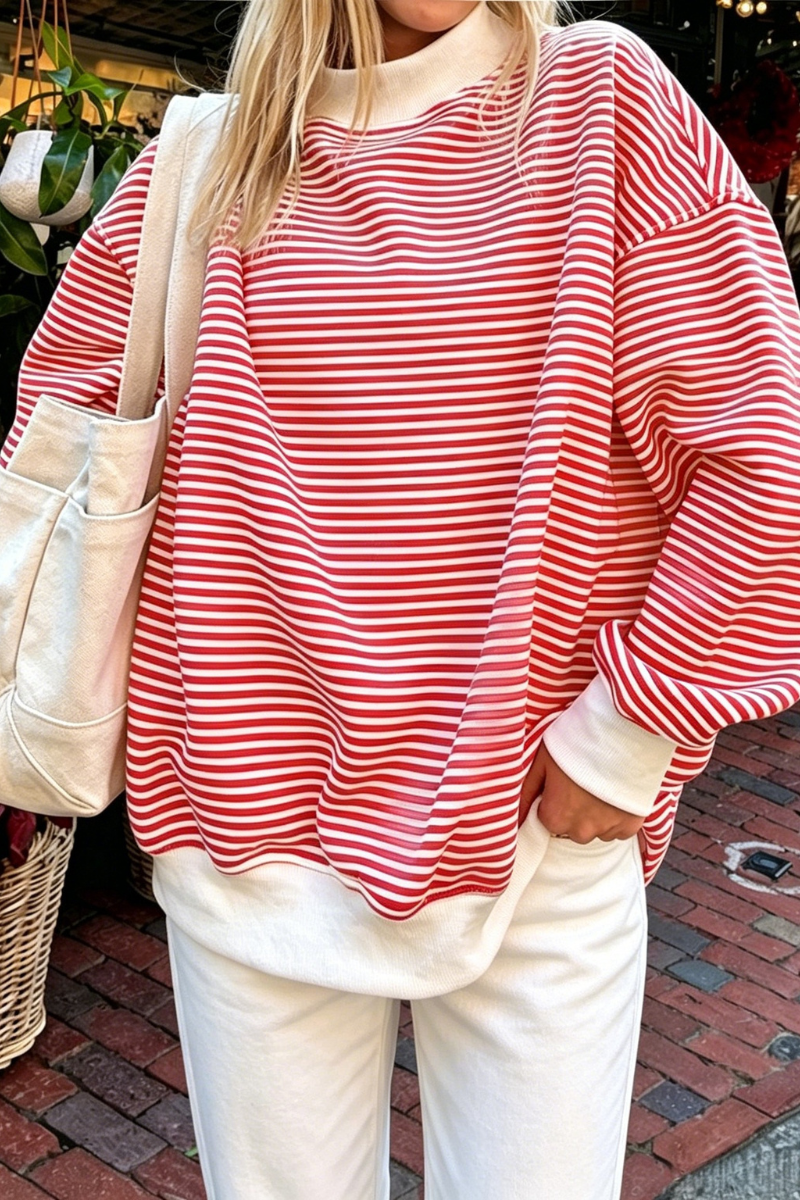 Women Spring Striped Mock Neck Oversized Cotton Sweatshirt