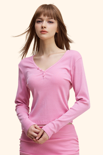 Women's 275g Sexy V-Neck Button Long Sleeve Slim Knit Top