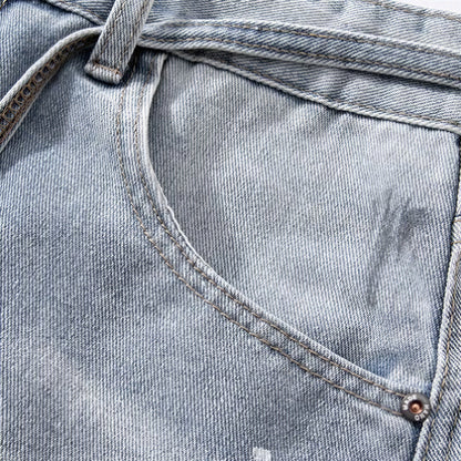 Men's Summer Light Wash Splash Ink Drawstring Denim Shorts