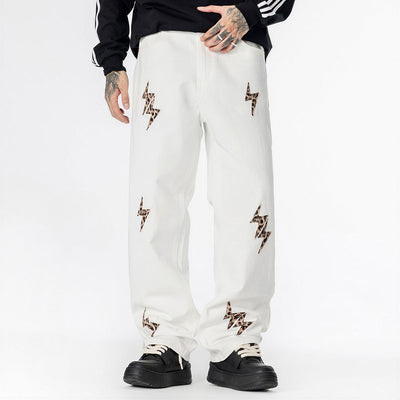 Men's Spring White Leopard Lightning Embroidery Jeans