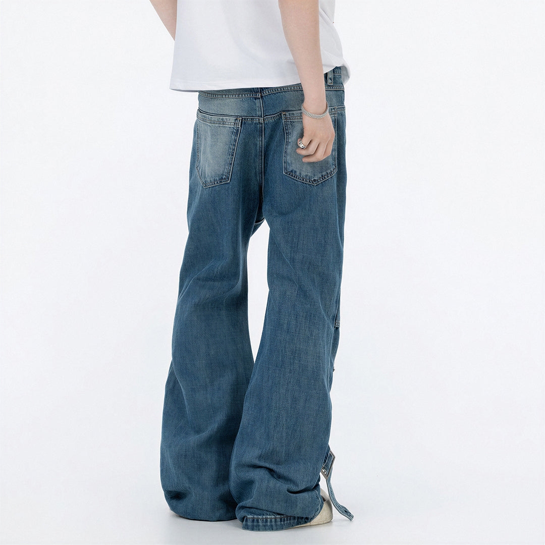 Men's Spring Deconstructed Metal Buckle Cargo Denim Jeans