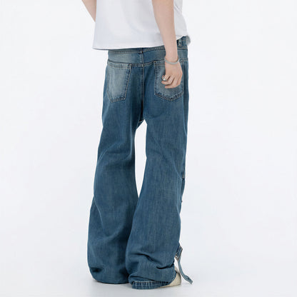 Men's Spring Deconstructed Metal Buckle Cargo Denim Jeans