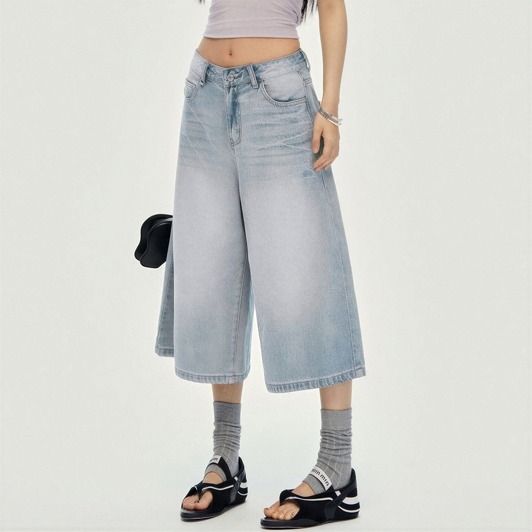 Women's Summer Gradient Washed Wide-Leg Denim Capri Pants