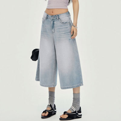 Women's Summer Gradient Washed Wide-Leg Denim Capri Pants
