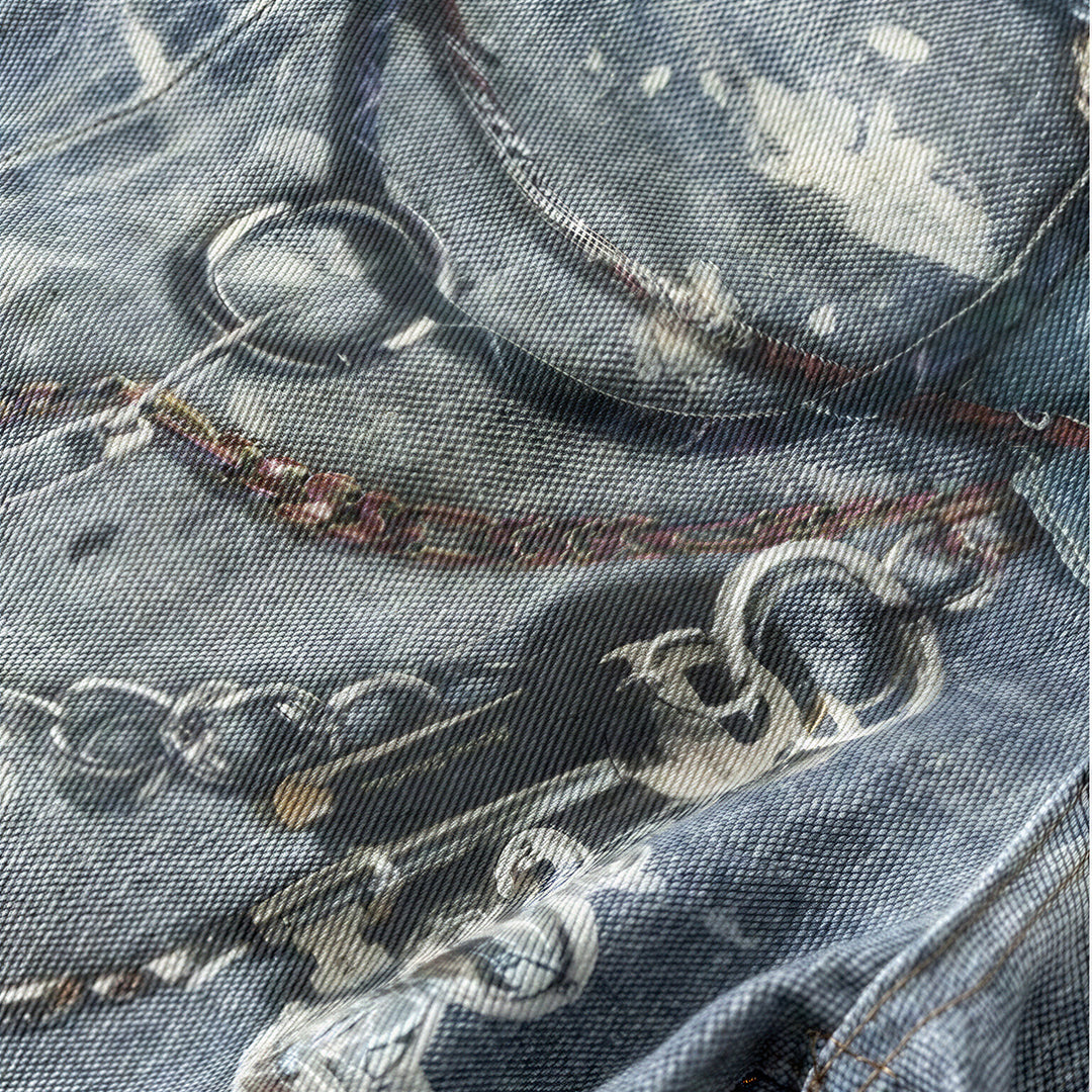 Men's Summer Vintage Washed Chain Print Baggy Denim Shorts