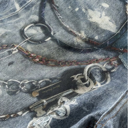 Men's Summer Vintage Washed Chain Print Baggy Denim Shorts