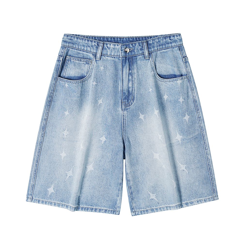Men's Summer Light Wash Cross Print Baggy Denim Shorts
