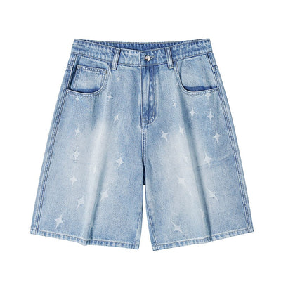 Men's Summer Light Wash Cross Print Baggy Denim Shorts