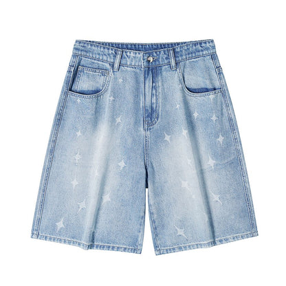 Men's Summer Light Wash Cross Print Baggy Denim Shorts