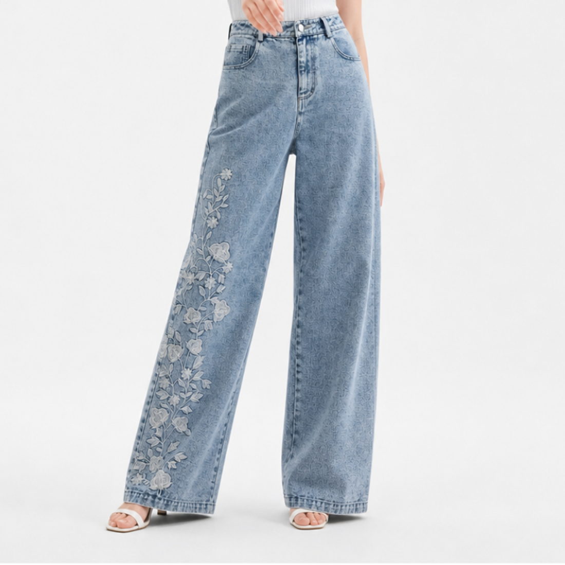 Women's High Waist Floral Embroidered Wide Leg Jeans